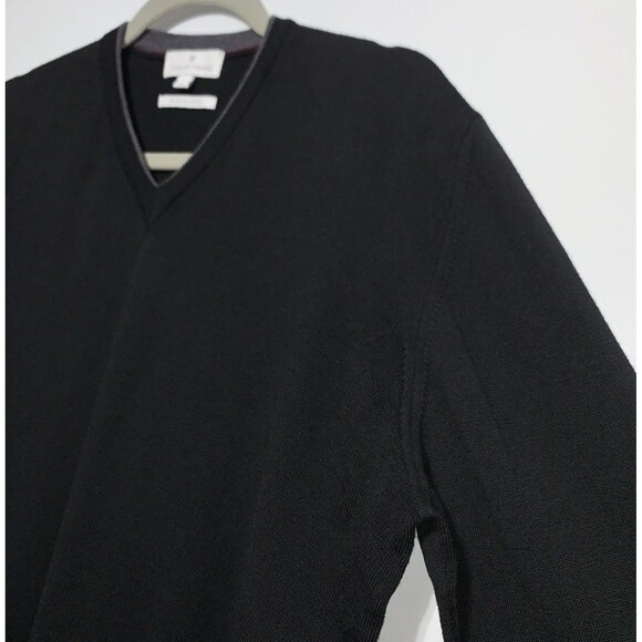 Toscano Firenze Sweater Pullover Mens Large Black 100% Wool Merino Knit V-neck - Picture 3 of 7